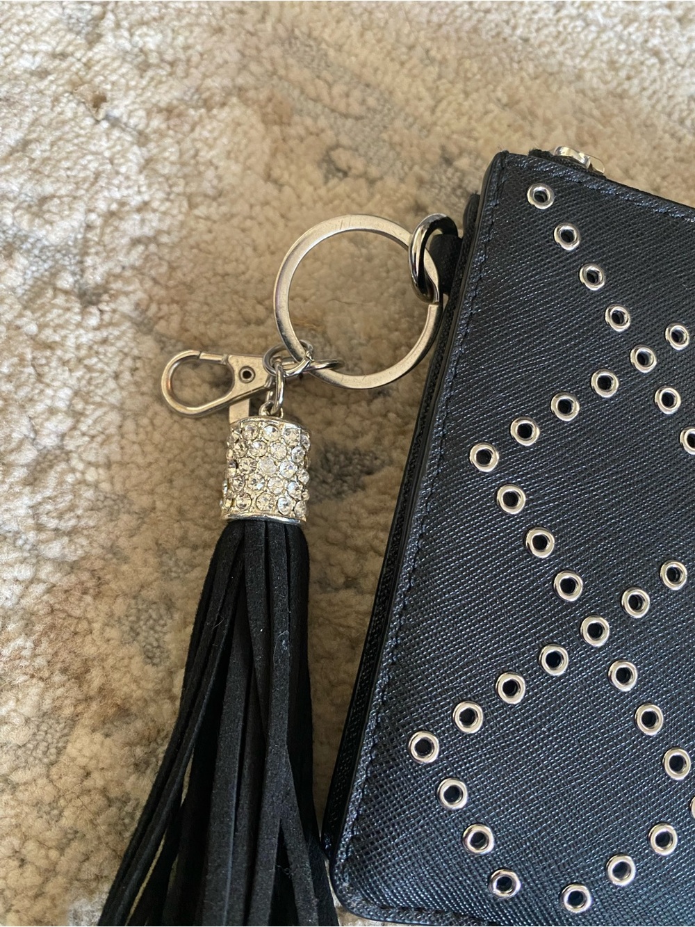 Michael Kors Black Grommet Tassel Charm Clutch Purse Black Leather - Picture 2 of 8